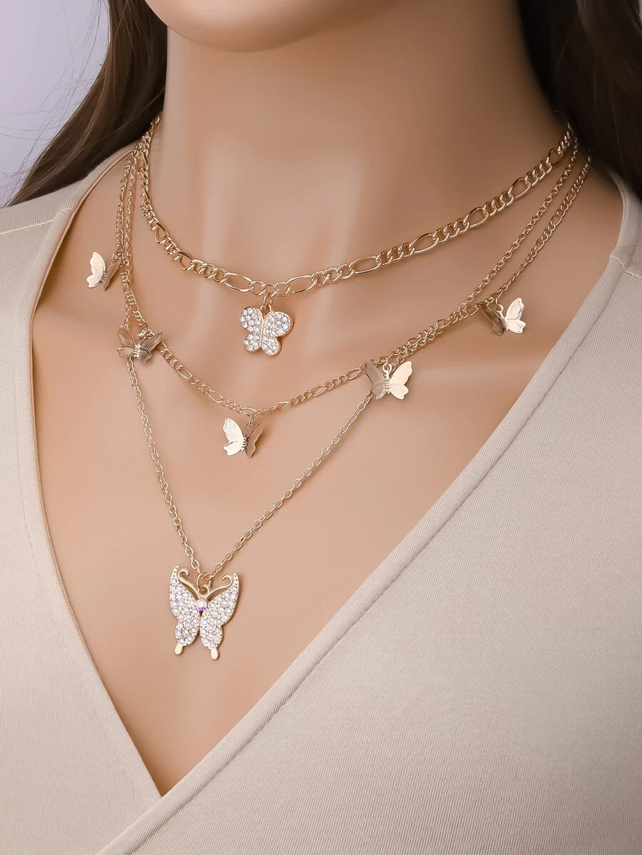 3pcs Rhinestone Butterfly Charm Necklace - All About Eg