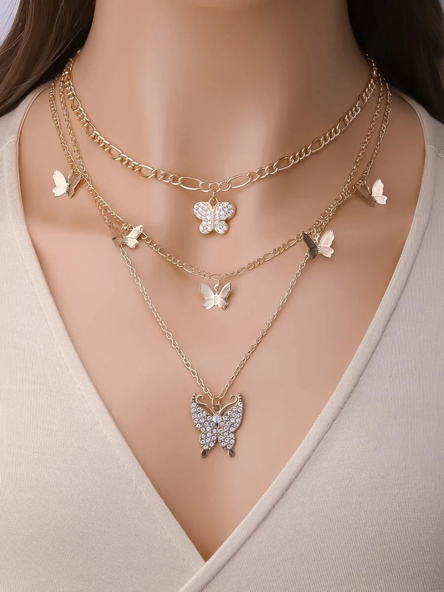 3pcs Rhinestone Butterfly Charm Necklace - All About Eg