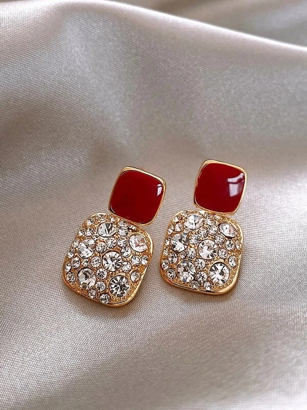 Red Square Shape Full Shiny Rhinestone Earrings - All About Eg