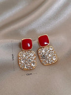 Red Square Shape Full Shiny Rhinestone Earrings - All About Eg
