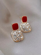 Red Square Shape Full Shiny Rhinestone Earrings - All About Eg