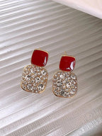 Red Square Shape Full Shiny Rhinestone Earrings - All About Eg