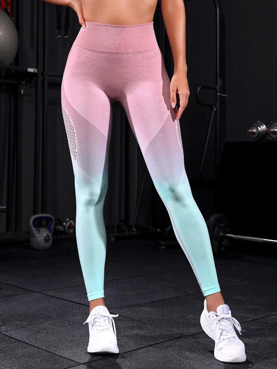 Seamless High Stretch Hollow Out Workout Tights Yoga Leggings with Wide Waistband - All About Eg