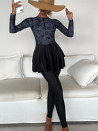 Floral Print Tankini Set Long Sleeve Zip Front Full Body Longline Swim Shirt & Leggings 2 Piece Swimsuit - All About Eg