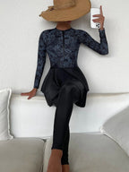 Floral Print Tankini Set Long Sleeve Zip Front Full Body Longline Swim Shirt & Leggings 2 Piece Swimsuit - All About Eg