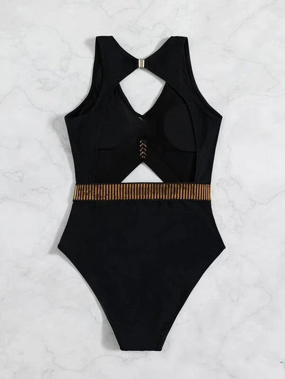 Striped Cut Out One Piece Swimsuit - All About Eg