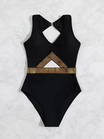 Striped Cut Out One Piece Swimsuit - All About Eg