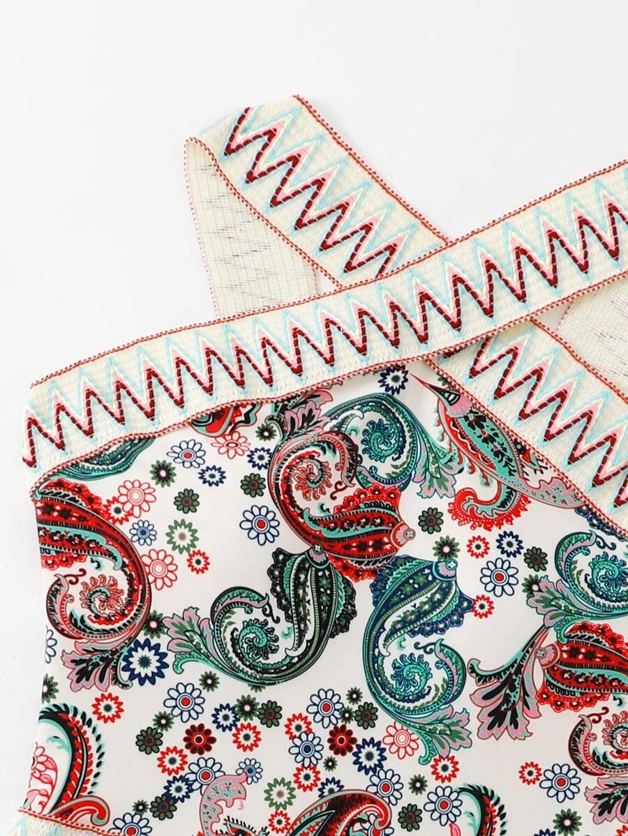 Paisley Chevron Stripe Tape High Neck One Piece Swimsuit - All About Eg