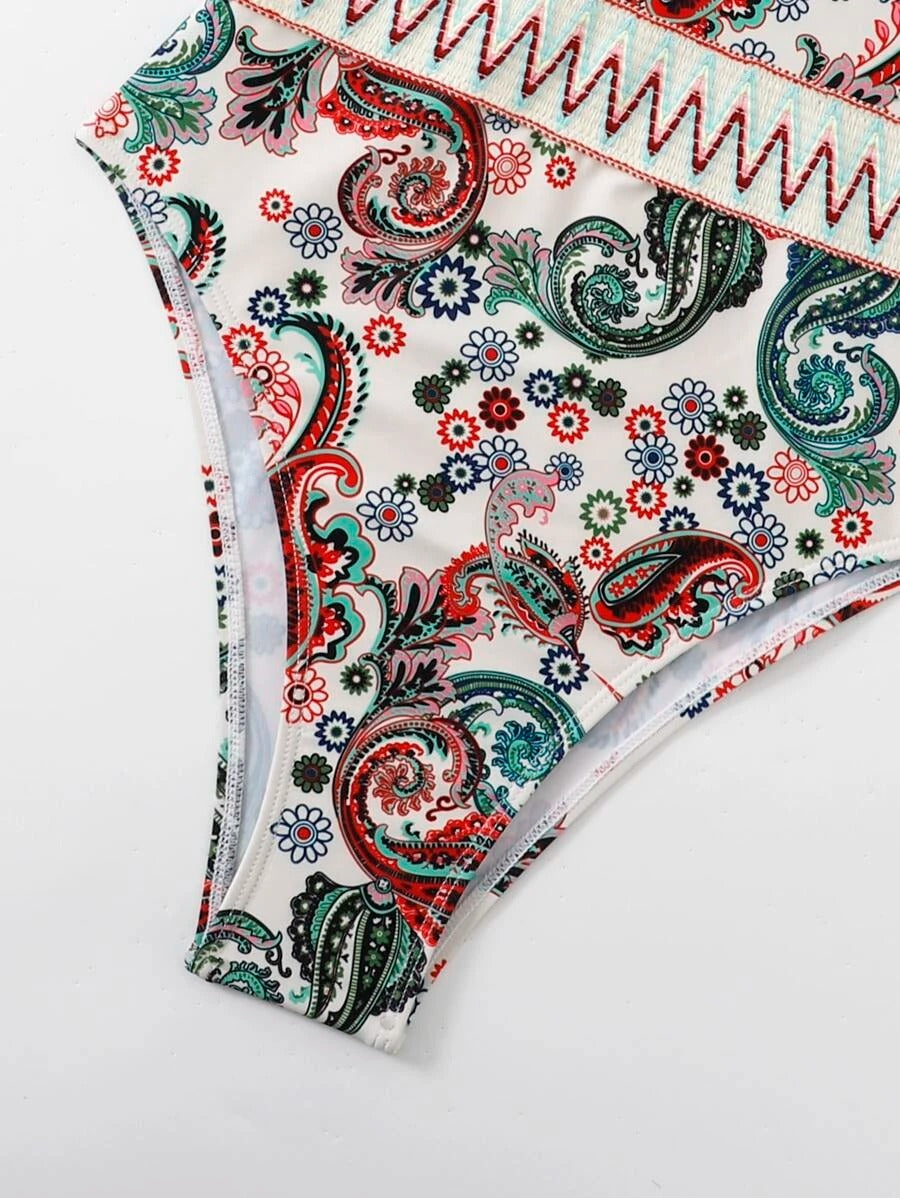 Paisley Chevron Stripe Tape High Neck One Piece Swimsuit - All About Eg