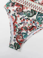 Paisley Chevron Stripe Tape High Neck One Piece Swimsuit - All About Eg