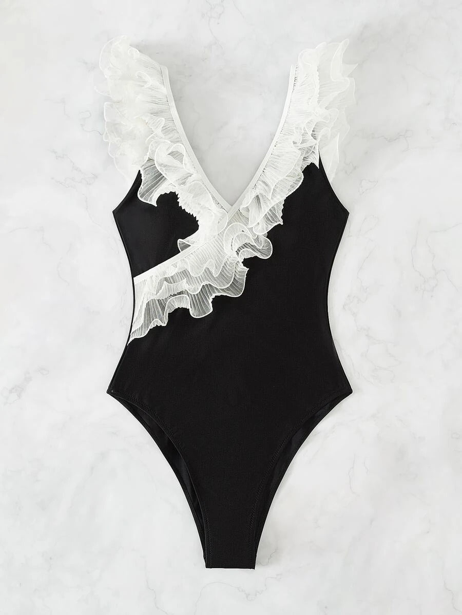 Colorblock Ruffle Trim One Piece Swimsuit - All About Eg