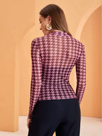 Modely Mock Neck Houndstooth Mesh Top Without Bandeau - All About Eg