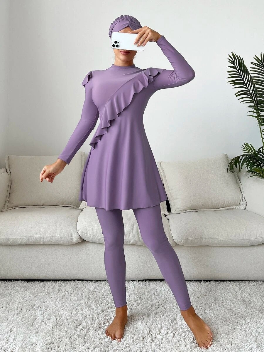 Mono Tankini Set Ruffle Long Sleeve Full Body Swim Dress & Leggings & Hat 3 Piece Swimsuit - All About Eg