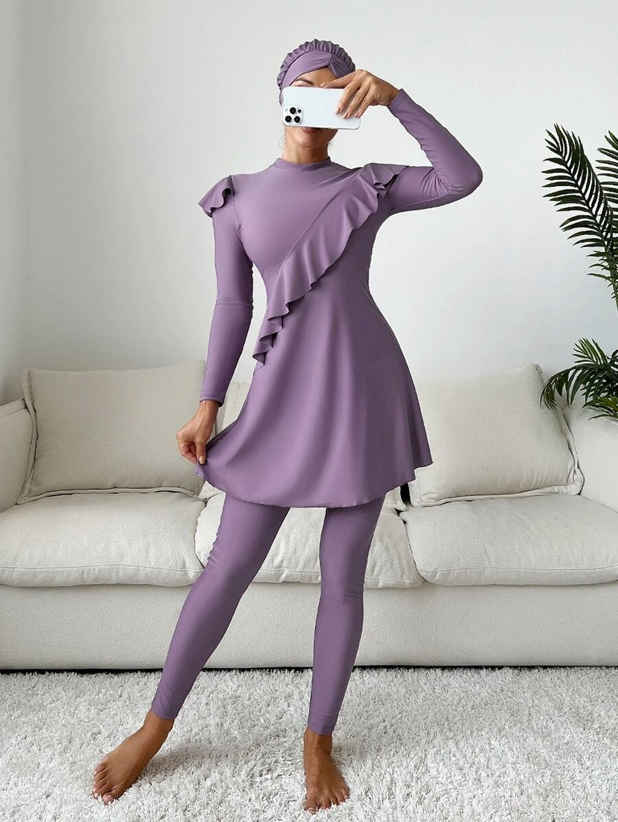 Mono Tankini Set Ruffle Long Sleeve Full Body Swim Dress & Leggings & Hat 3 Piece Swimsuit - All About Eg