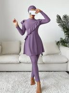 Mono Tankini Set Ruffle Long Sleeve Full Body Swim Dress & Leggings & Hat 3 Piece Swimsuit - All About Eg