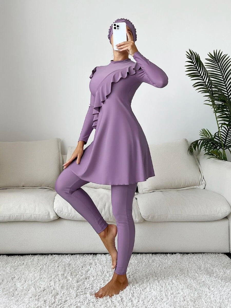 Mono Tankini Set Ruffle Long Sleeve Full Body Swim Dress & Leggings & Hat 3 Piece Swimsuit - All About Eg