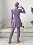 Mono Tankini Set Ruffle Long Sleeve Full Body Swim Dress & Leggings & Hat 3 Piece Swimsuit - All About Eg