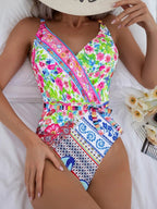 Floral Print Knot Front One Piece Swimsuit - All About Eg