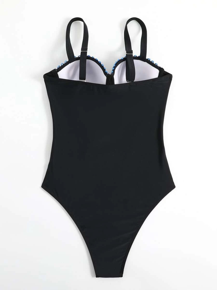 Contrast Sequin Tape Push Up One Piece Swimsuit - All About Eg