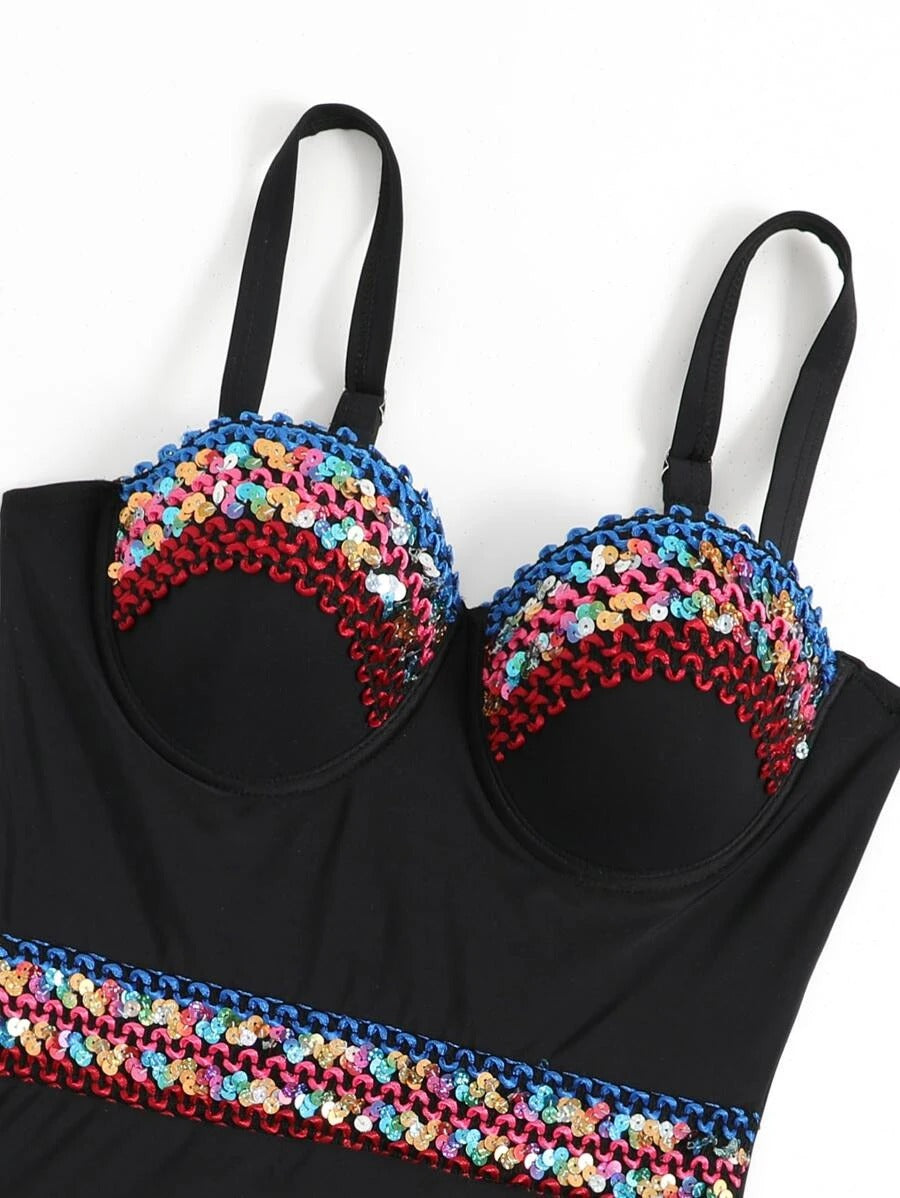 Contrast Sequin Tape Push Up One Piece Swimsuit - All About Eg