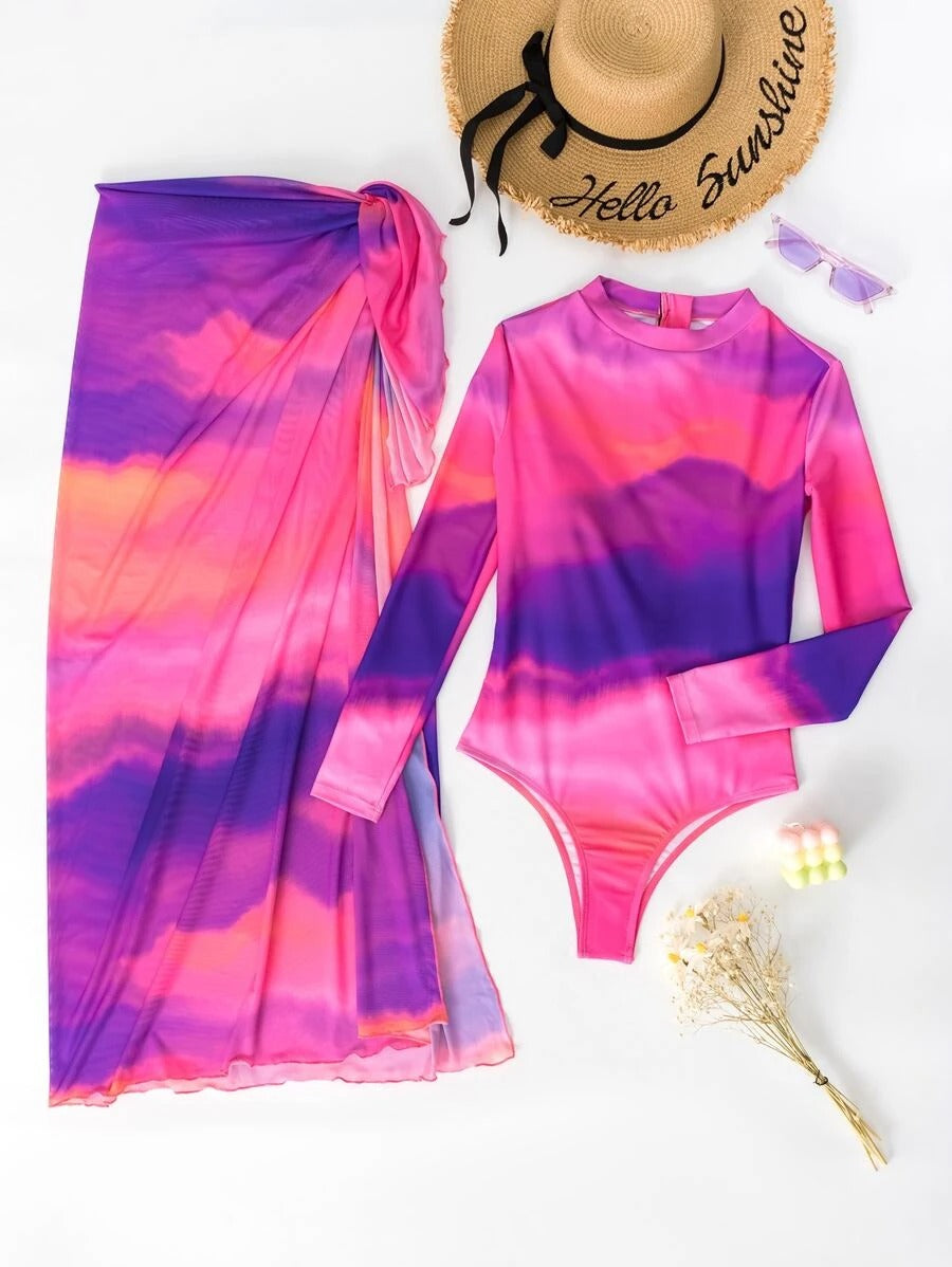 Tie Dye One Piece Swimsuit With Beach Skirt - All About Eg