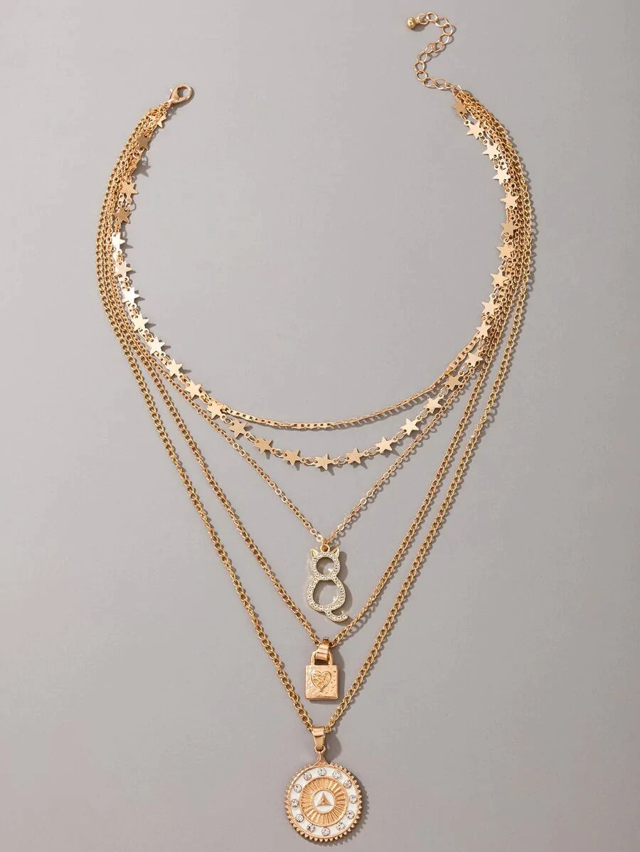 Lock & Cat Charm Layered Necklace - All About Eg