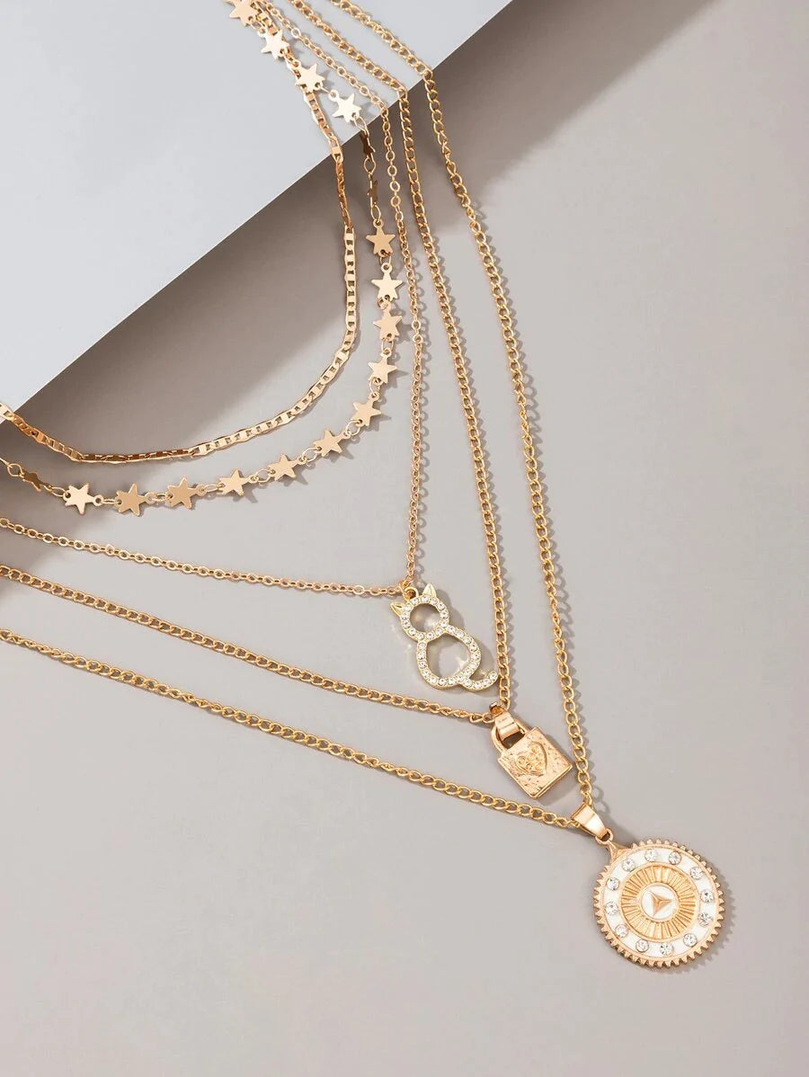 Lock & Cat Charm Layered Necklace - All About Eg
