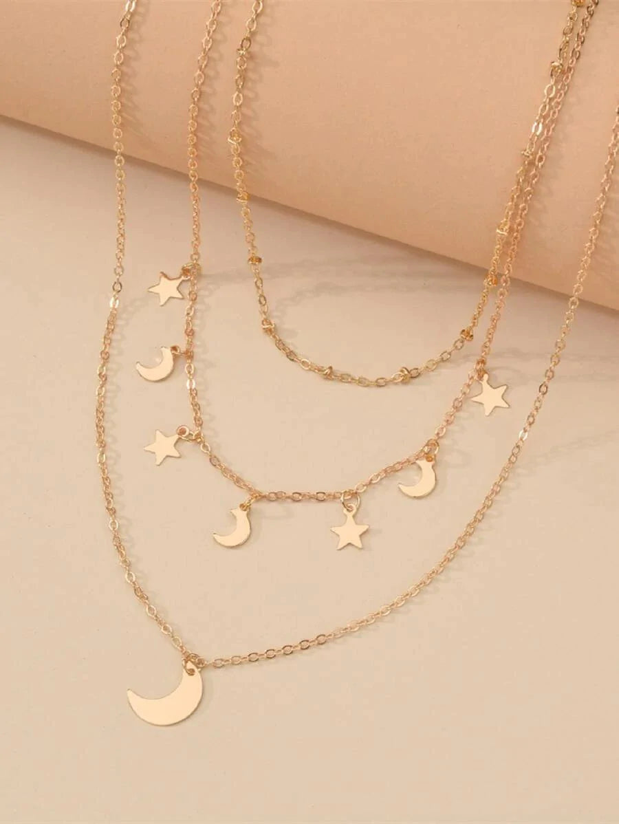 Moon & Star Charm Layered Necklace - All About Eg