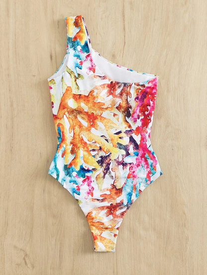 Allover Graphic One Shoulder One Piece Swimsuit - All About Eg